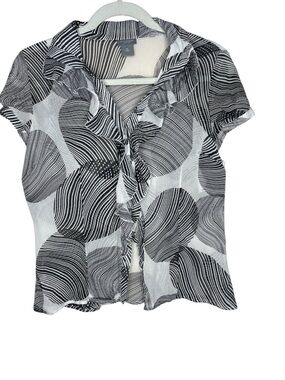 Ann Taylor Black and White Striped Circle Ruffle Front Blouse